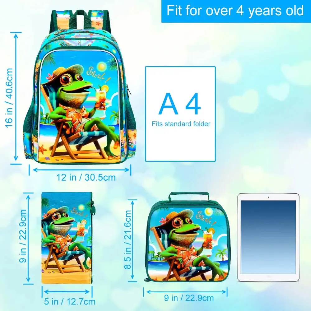 3 Piece Boys Backpack Set 16 Inch Bookbag Lunch Box Frog Design
