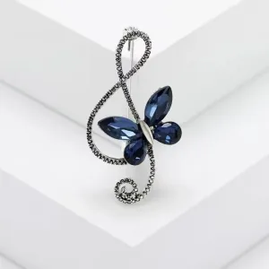 Blue Sapphire Rhinestone Butterfly Brooch Womens Casual Treble Clef Musical Pin