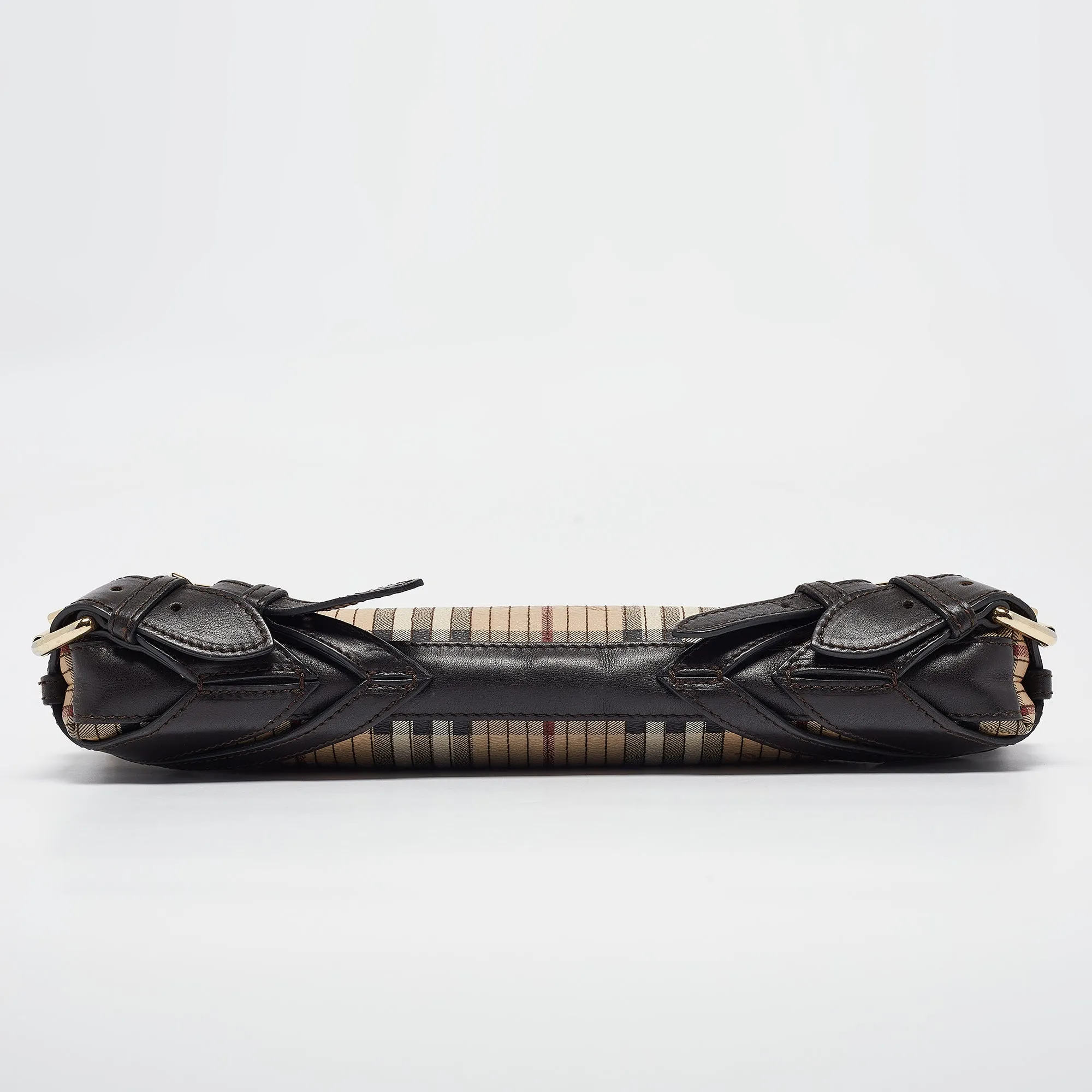 BURBERRY Brown/Beige Haymarket Coated Canvas and Leather Stipe Long Shoulder Bag
