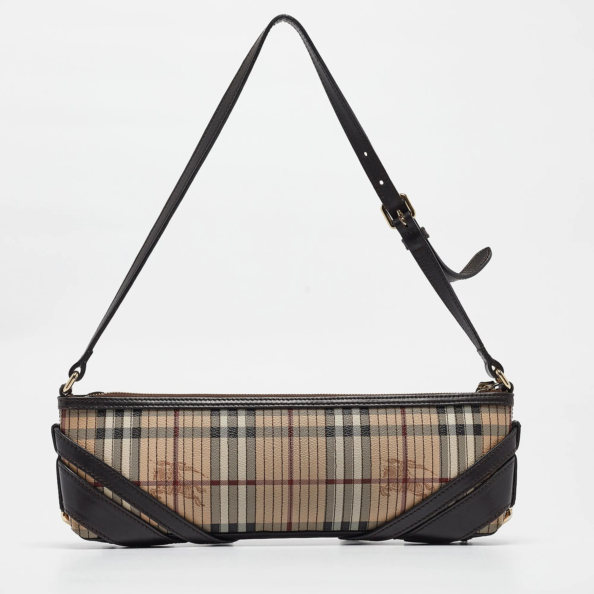 BURBERRY Brown/Beige Haymarket Coated Canvas and Leather Stipe Long Shoulder Bag