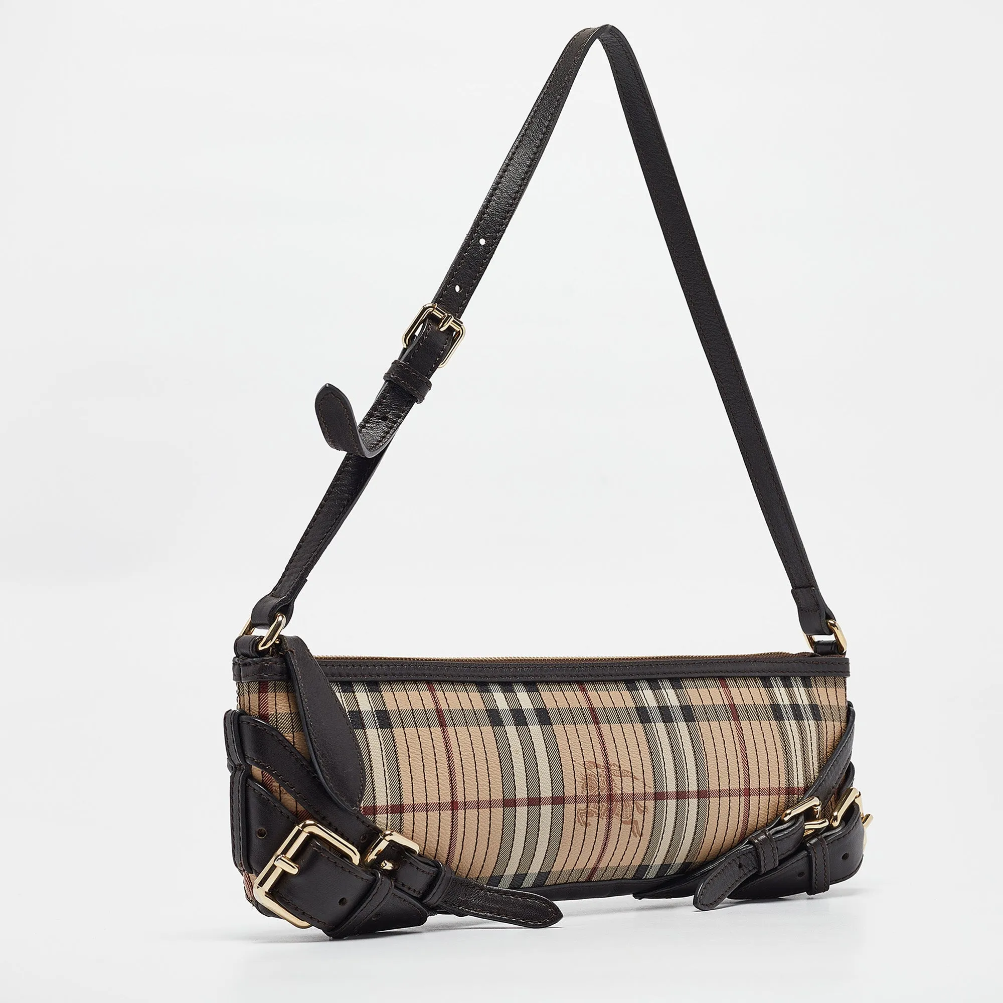 BURBERRY Brown/Beige Haymarket Coated Canvas and Leather Stipe Long Shoulder Bag
