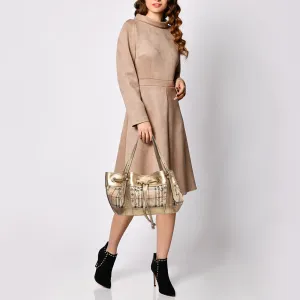 BURBERRY Gold/Beige Haymarket Check Laser Cut Coated Canvas and Leather Drawstring Tote