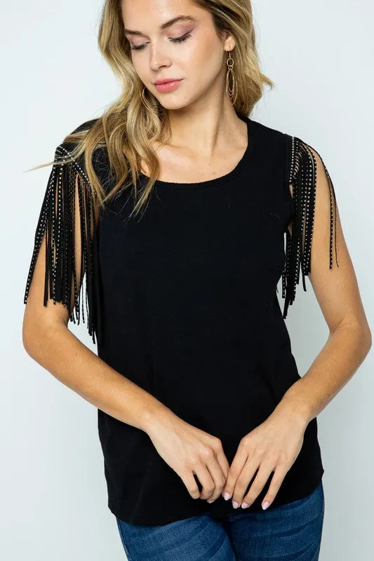 Cap Sleeve Knit Top with Studded Fringes on Shoulders