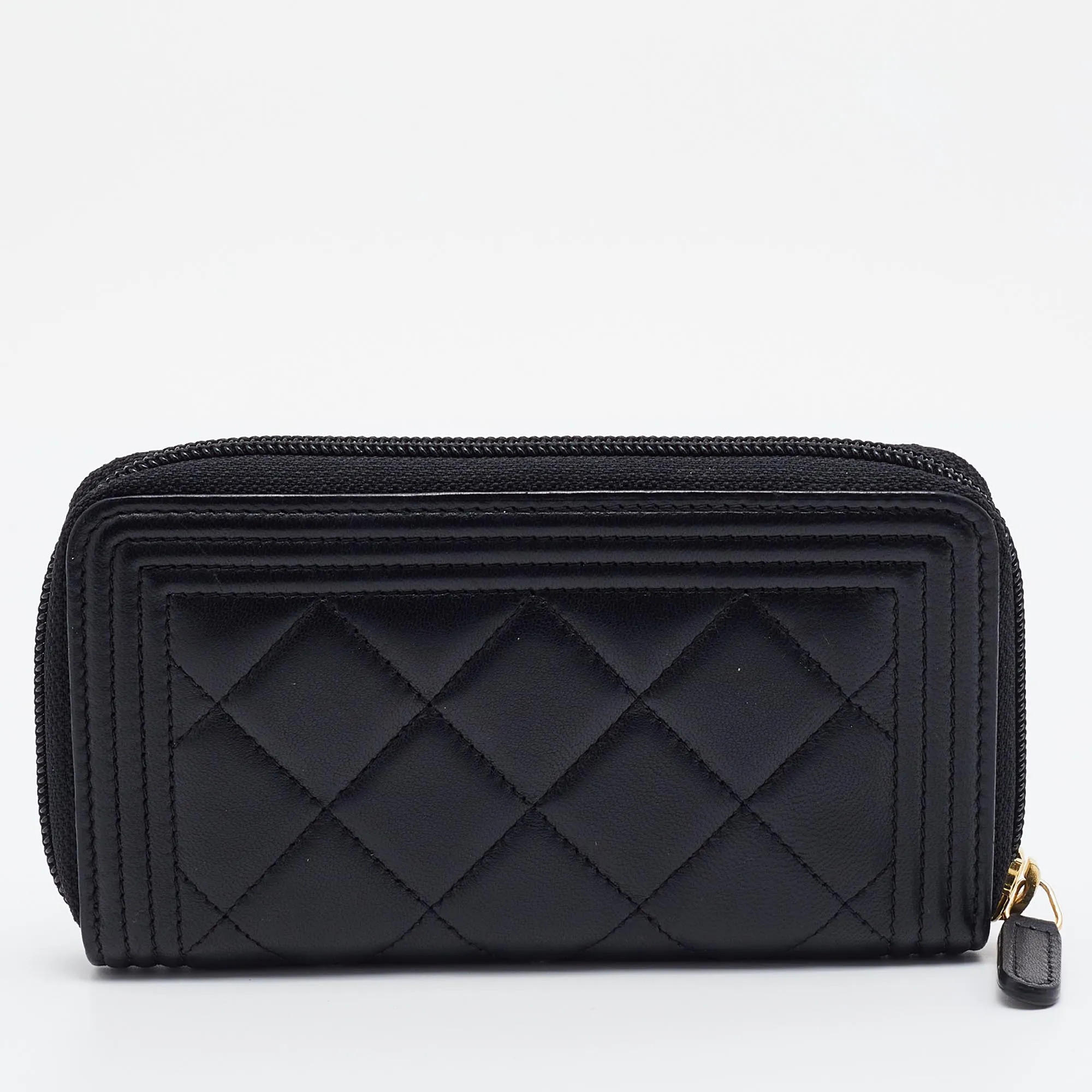 CHANEL Black Quilted Leather Boy Zip Around Wallet