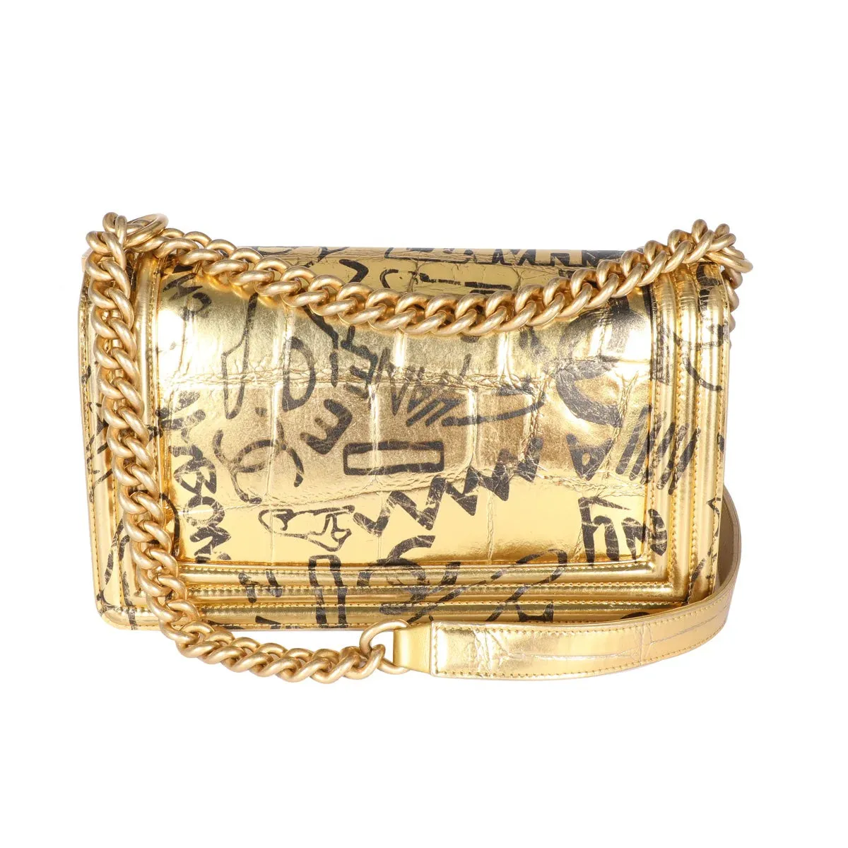 CHANEL SMALL METALLIC CALFSKIN CROC EMBOSSED PRINTED GOLD BOY BAG