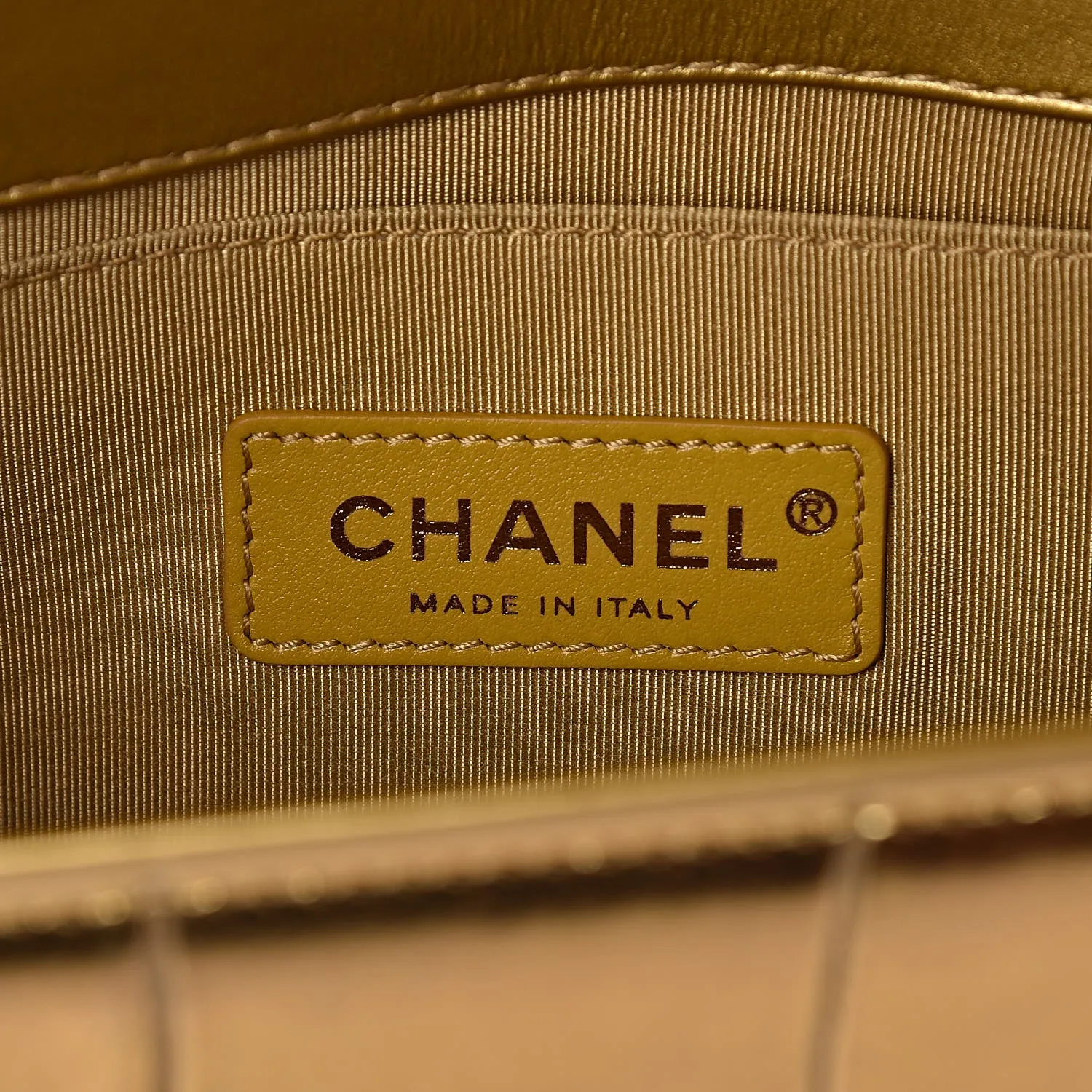 CHANEL SMALL METALLIC CALFSKIN CROC EMBOSSED PRINTED GOLD BOY BAG