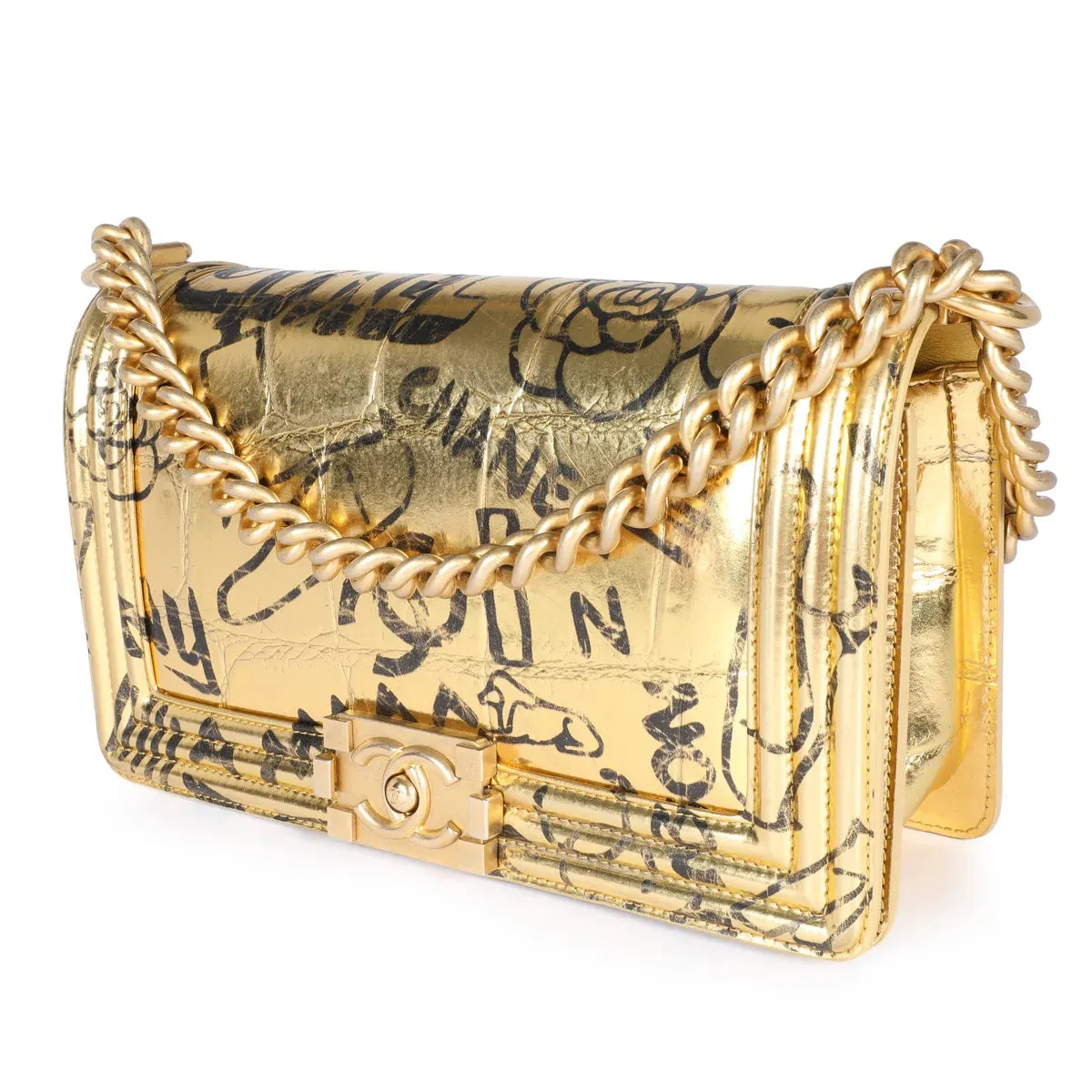CHANEL SMALL METALLIC CALFSKIN CROC EMBOSSED PRINTED GOLD BOY BAG