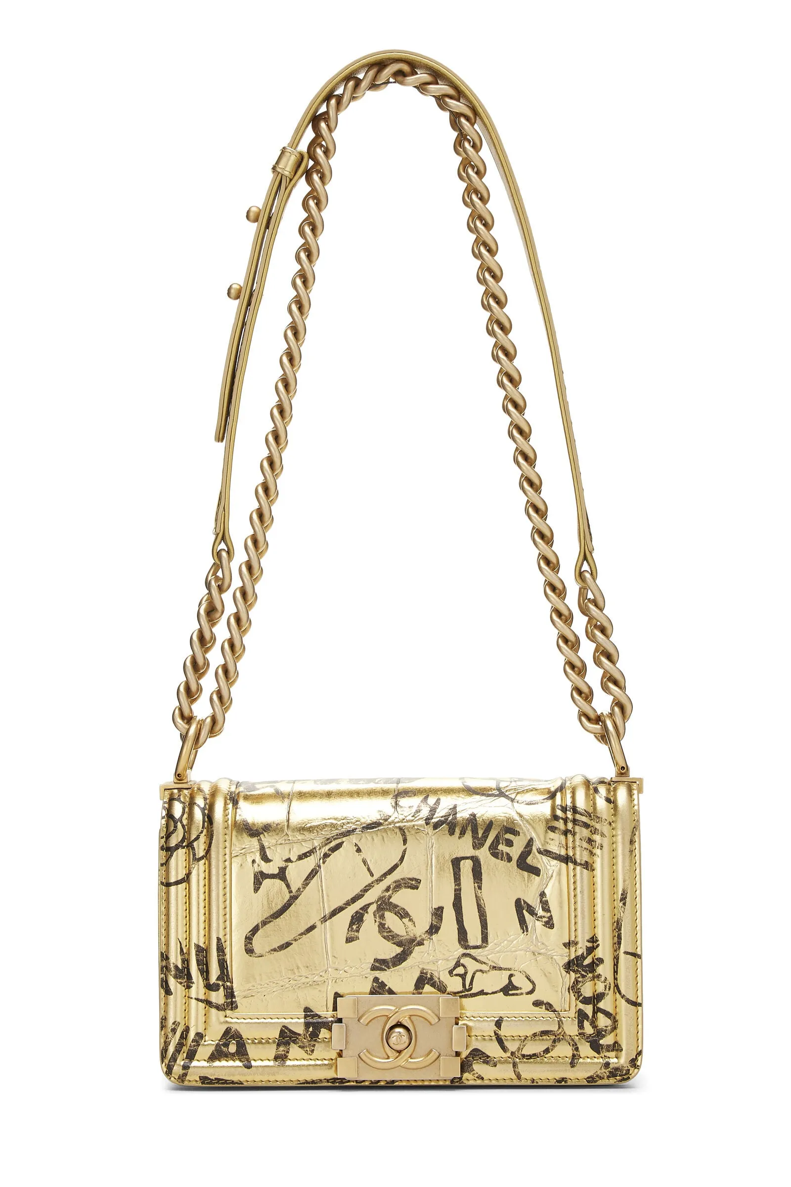 CHANEL SMALL METALLIC CALFSKIN CROC EMBOSSED PRINTED GOLD BOY BAG