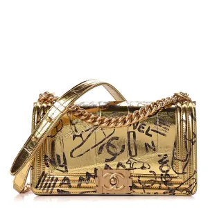 CHANEL SMALL METALLIC CALFSKIN CROC EMBOSSED PRINTED GOLD BOY BAG
