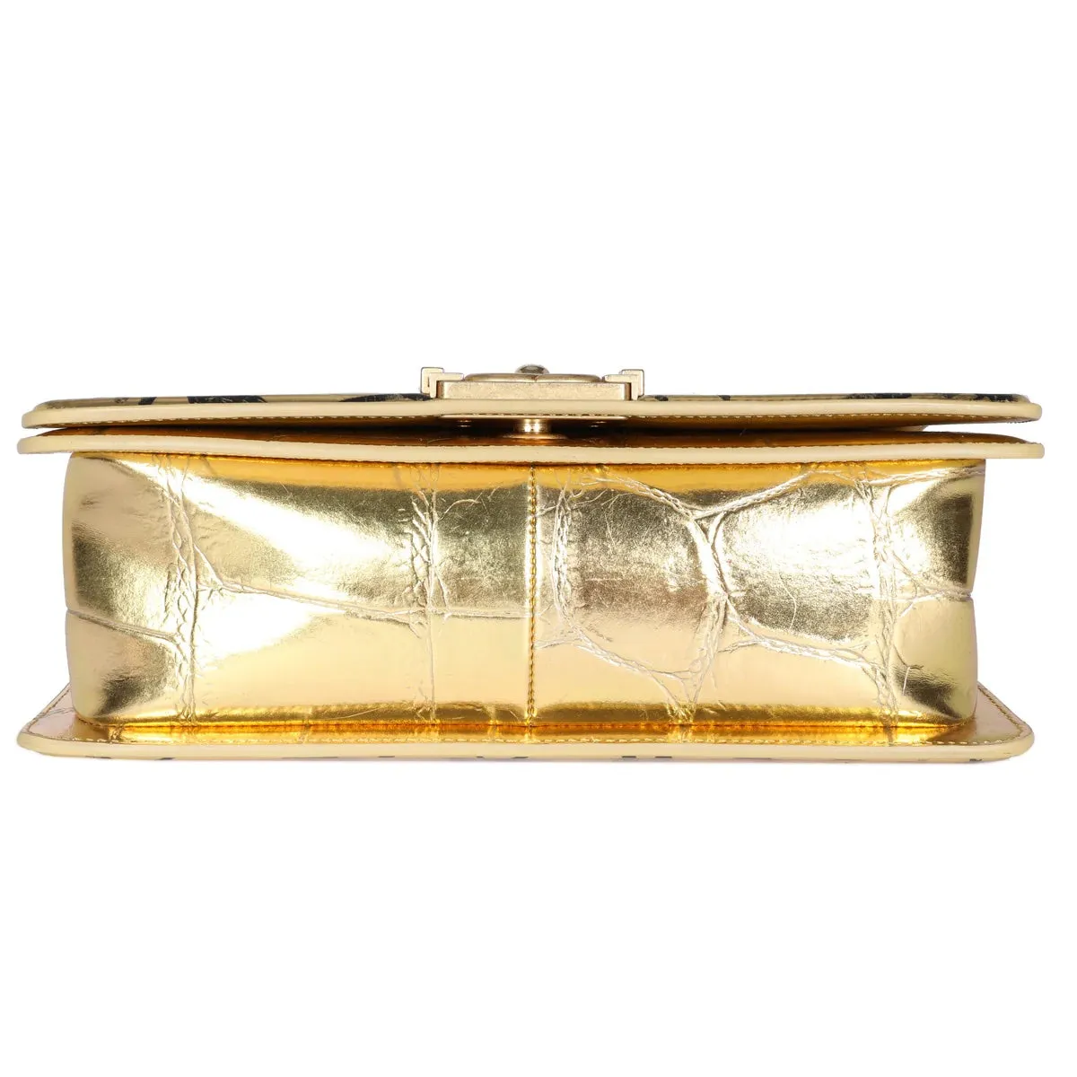 CHANEL SMALL METALLIC CALFSKIN CROC EMBOSSED PRINTED GOLD BOY BAG
