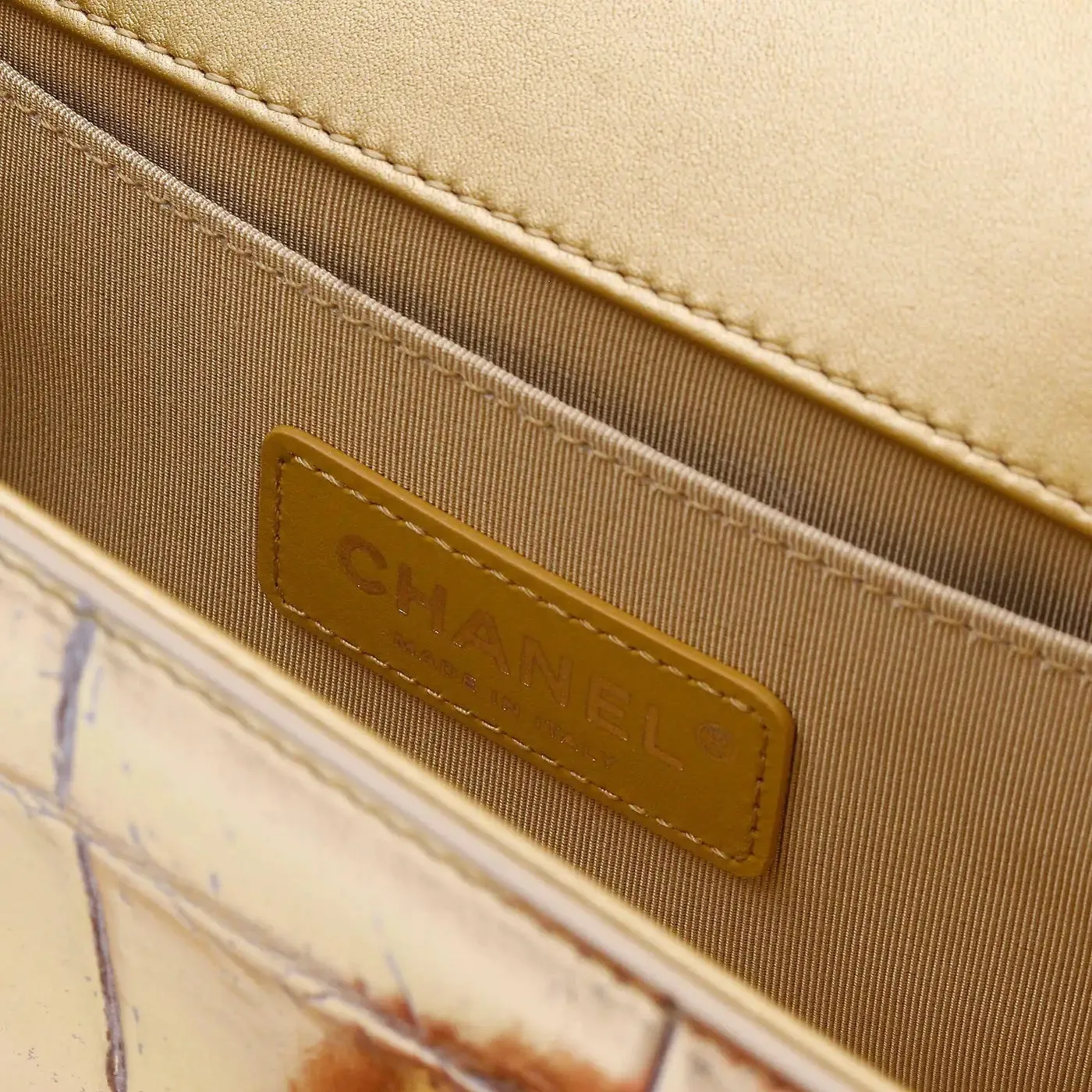 CHANEL SMALL METALLIC CALFSKIN CROC EMBOSSED PRINTED GOLD BOY BAG