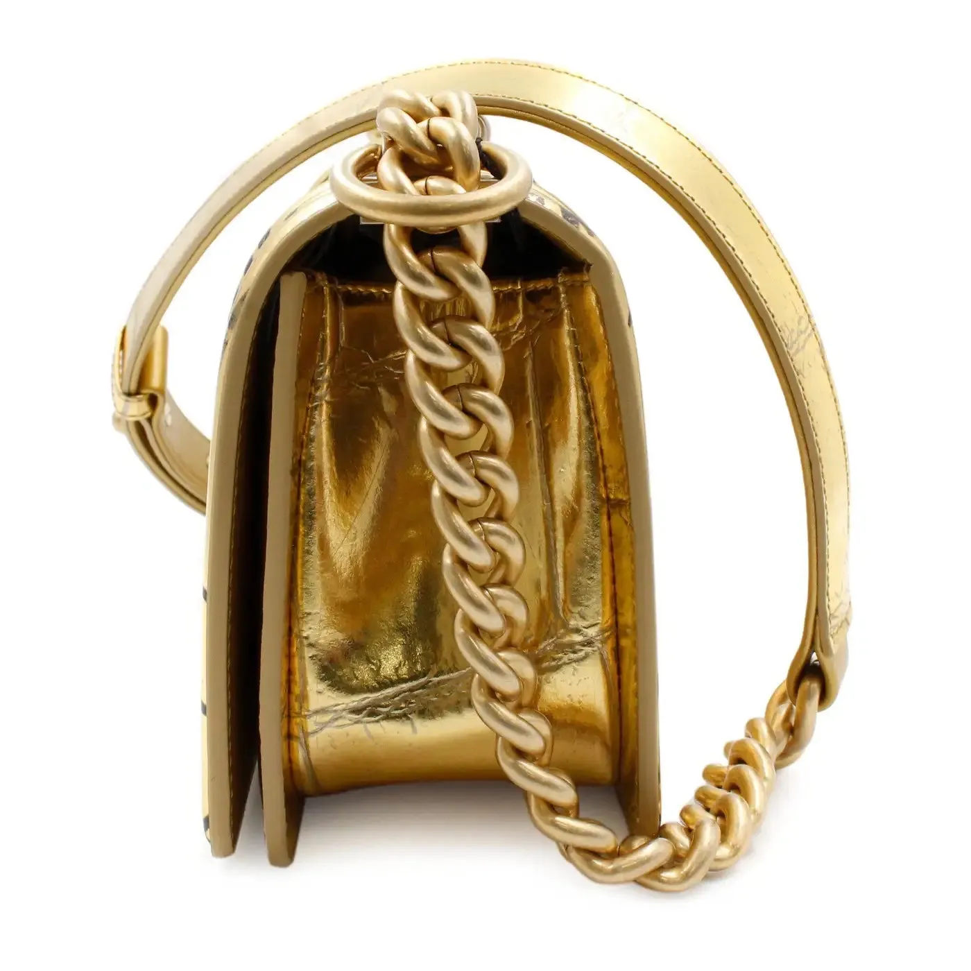 CHANEL SMALL METALLIC CALFSKIN CROC EMBOSSED PRINTED GOLD BOY BAG