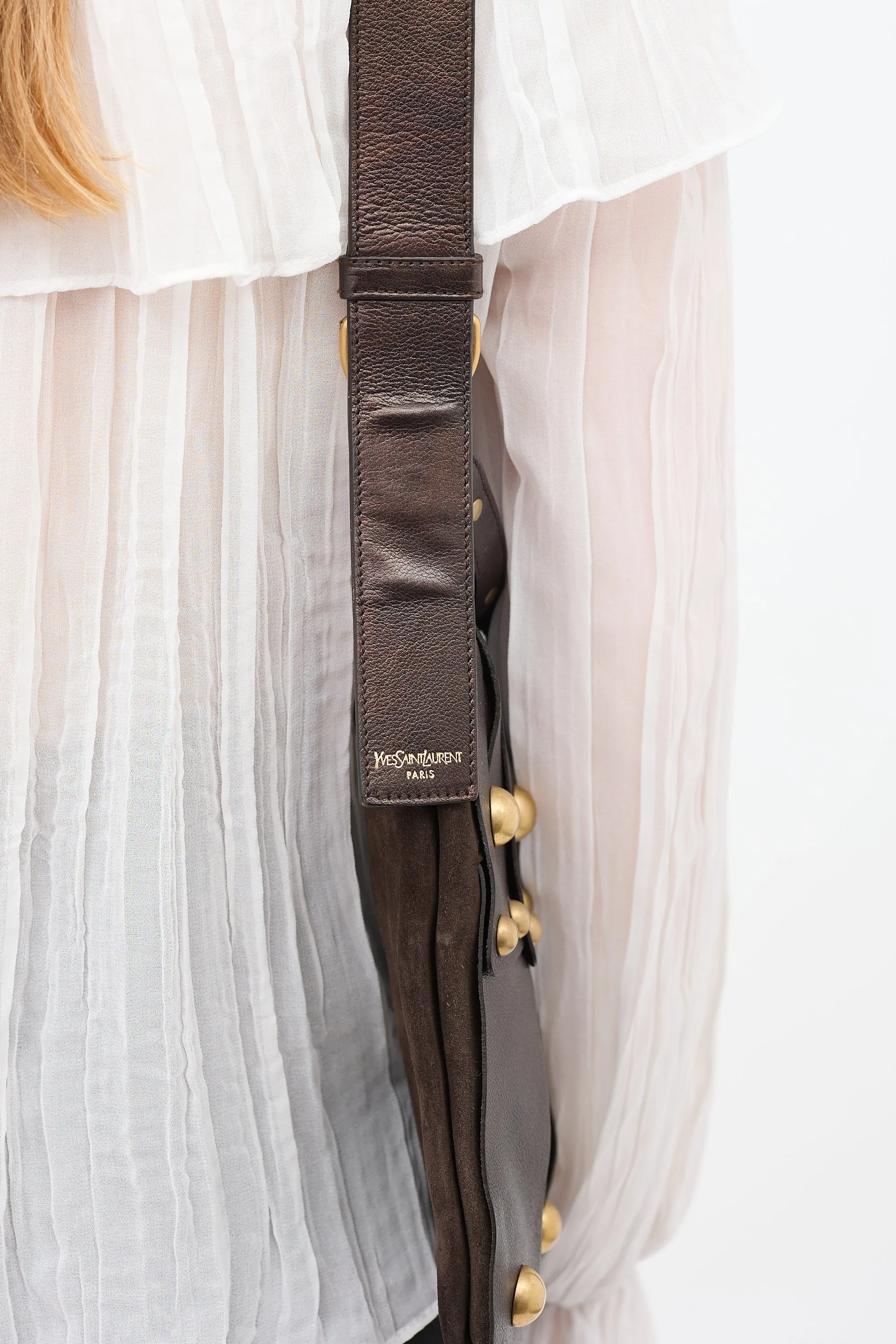 Dark Brown Leather & Suede Sparte Studded Shoulder Bag