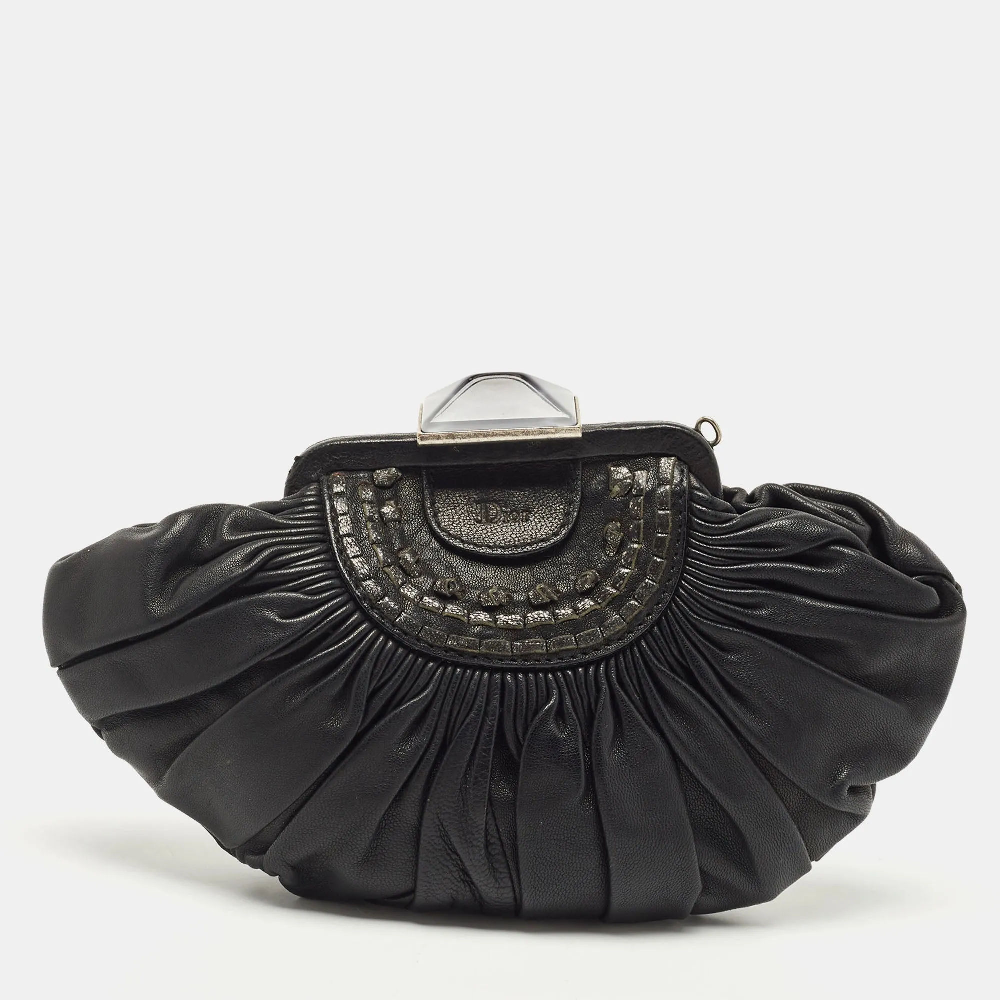 DIOR Black Pleated Leather Frame Clutch