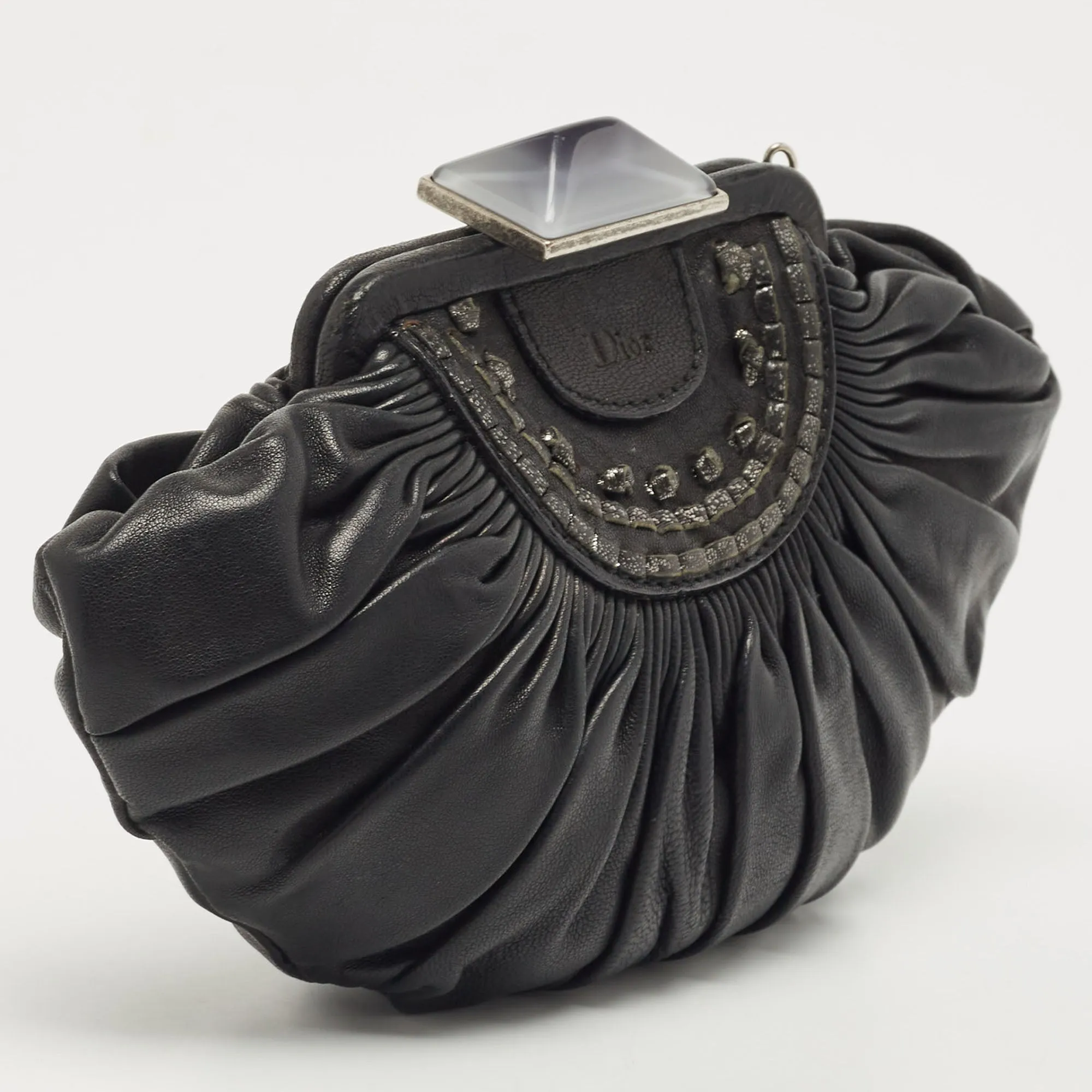 DIOR Black Pleated Leather Frame Clutch