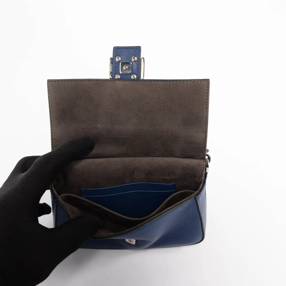 Fendi Black & Blue Vitello Dolce Flowerland Micro Double Baguette