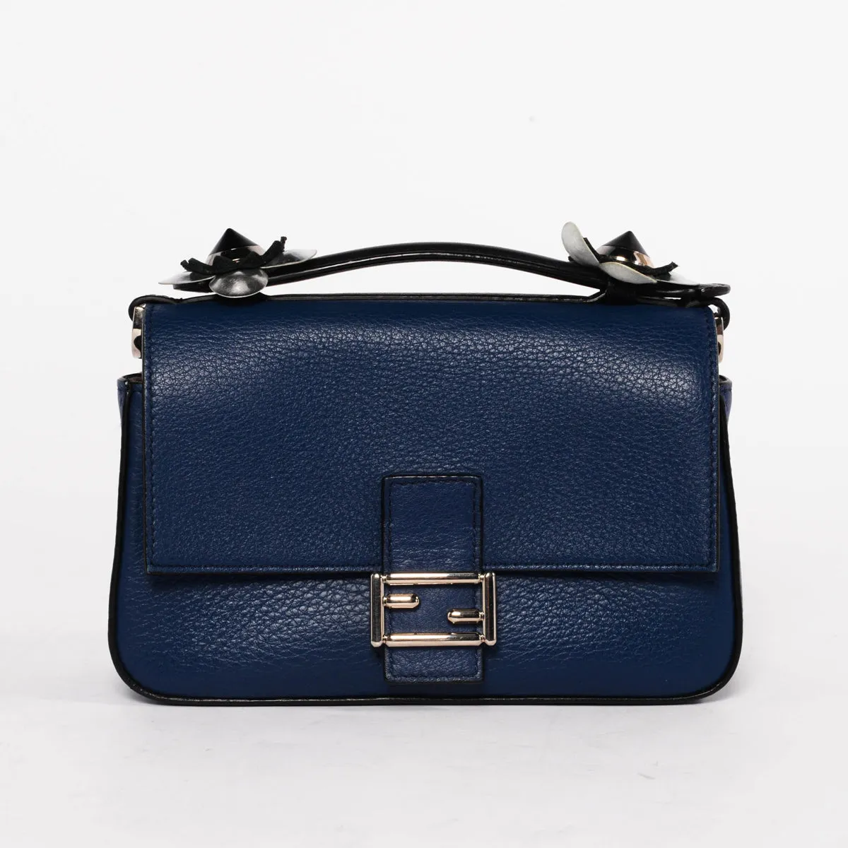 Fendi Black & Blue Vitello Dolce Flowerland Micro Double Baguette