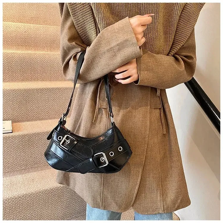 Frances | Edgy Black Buckle Shoulder Bag