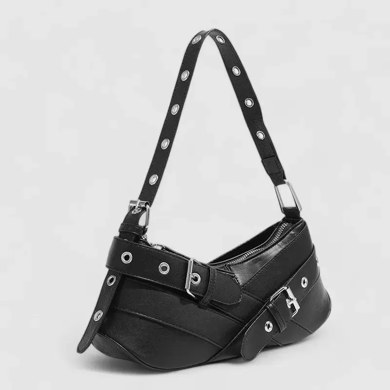 Frances | Edgy Black Buckle Shoulder Bag