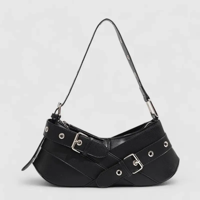 Frances | Edgy Black Buckle Shoulder Bag