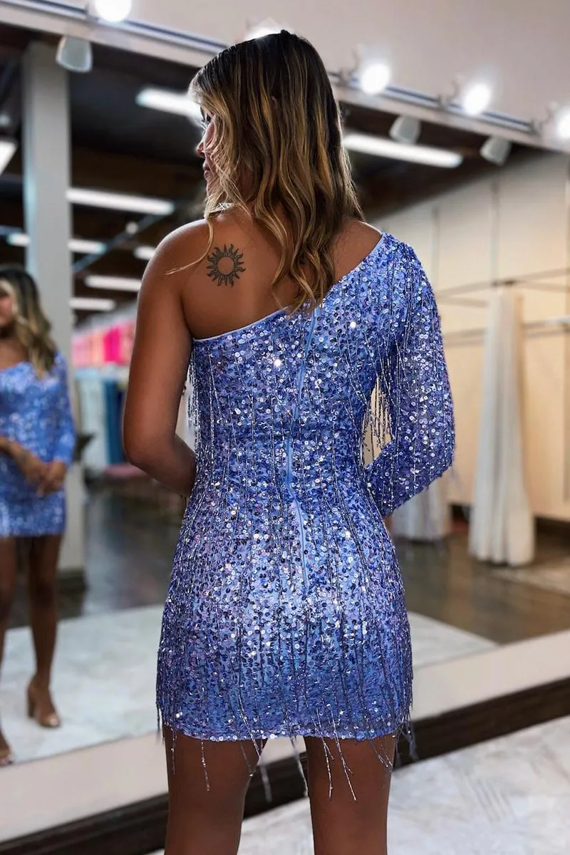 Glitter Lilac Sequins Tight Homecoming Dresses with Fringe VK23070402