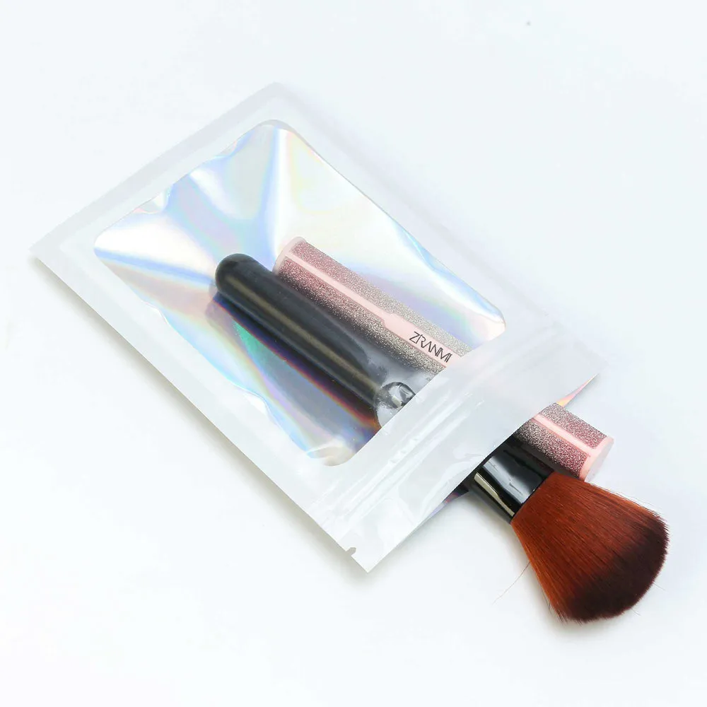 Glossy Plastic Seal Packaging Bag With Clear Window And Tear Notch Foil Flat Bottom Jewelry Travel Sample Storage Zipper Pouch