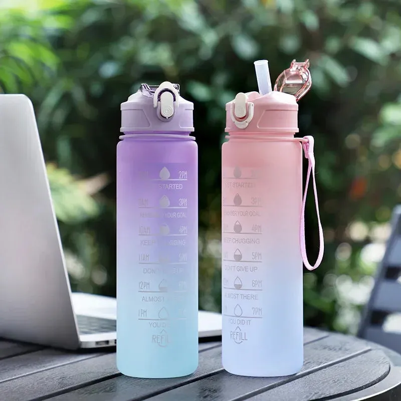 Gradient Color Sports Water Bottle with Straw & Scale  Stylish, Durable Space Cup with Carry Rope for Gym, School & Outdoors