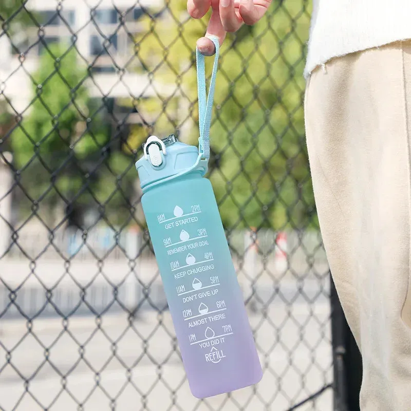 Gradient Color Sports Water Bottle with Straw & Scale  Stylish, Durable Space Cup with Carry Rope for Gym, School & Outdoors