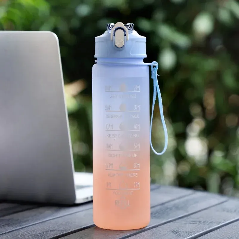 Gradient Color Sports Water Bottle with Straw & Scale  Stylish, Durable Space Cup with Carry Rope for Gym, School & Outdoors