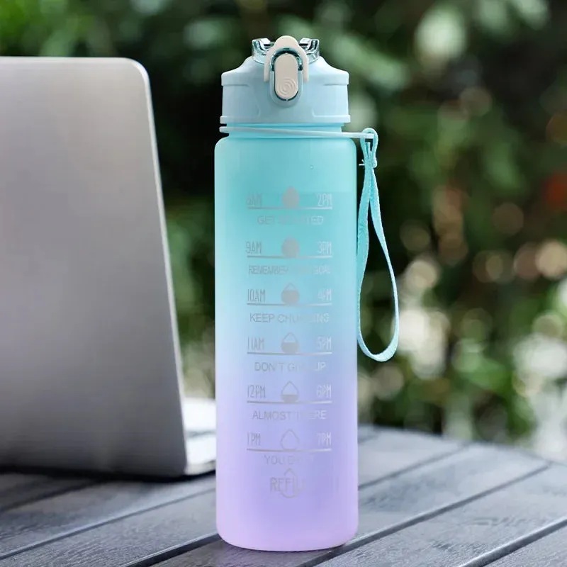 Gradient Color Sports Water Bottle with Straw & Scale  Stylish, Durable Space Cup with Carry Rope for Gym, School & Outdoors