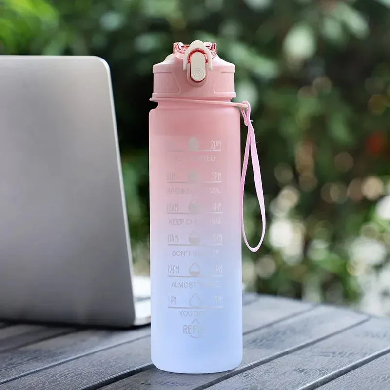 Gradient Color Sports Water Bottle with Straw & Scale  Stylish, Durable Space Cup with Carry Rope for Gym, School & Outdoors