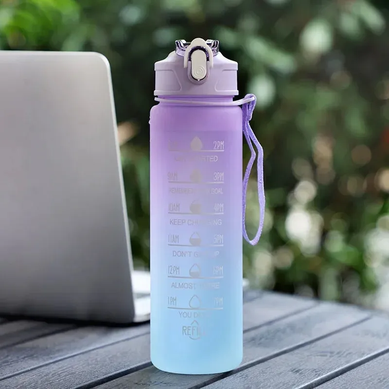 Gradient Color Sports Water Bottle with Straw & Scale  Stylish, Durable Space Cup with Carry Rope for Gym, School & Outdoors
