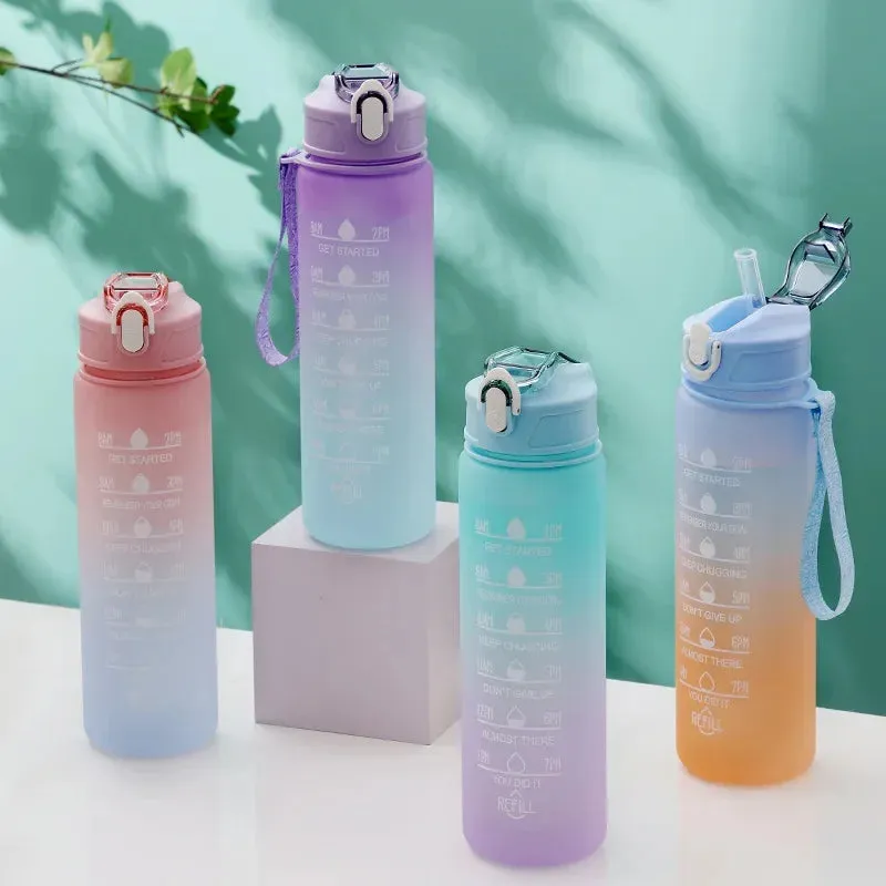 Gradient Color Sports Water Bottle with Straw & Scale  Stylish, Durable Space Cup with Carry Rope for Gym, School & Outdoors