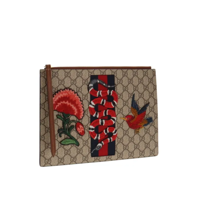 Gucci GG Supreme Zipped Pouch Applique Snake & Web Detail