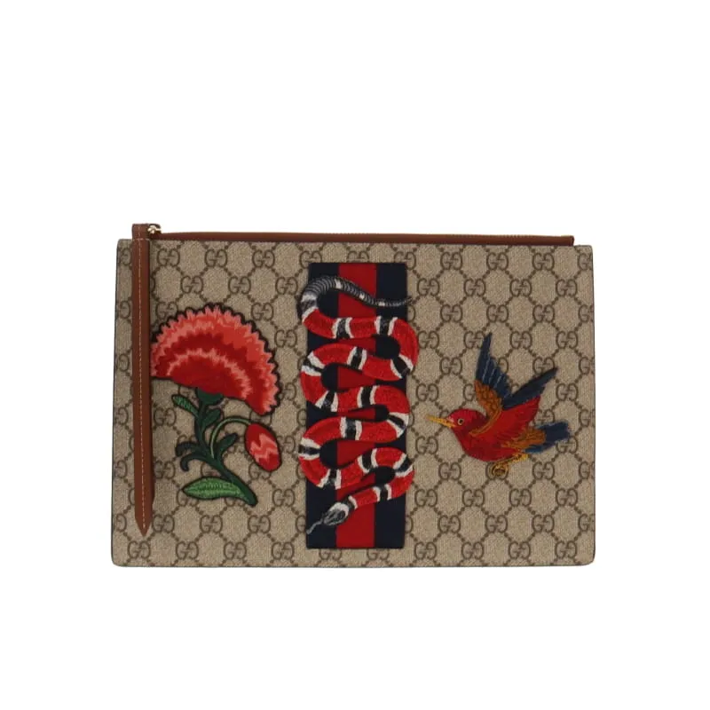 Gucci GG Supreme Zipped Pouch Applique Snake & Web Detail
