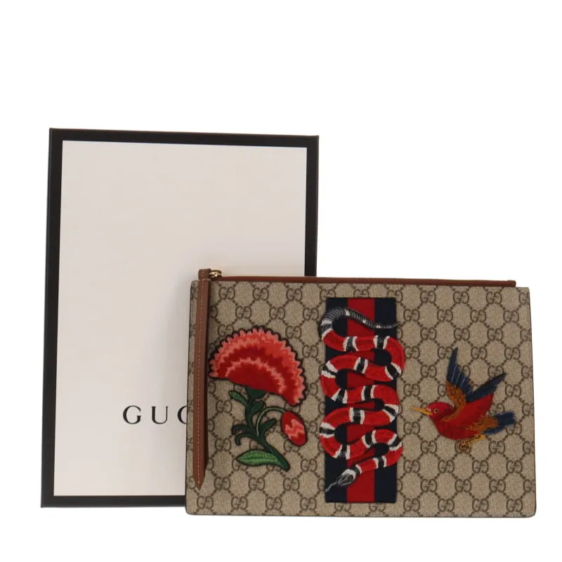 Gucci GG Supreme Zipped Pouch Applique Snake & Web Detail