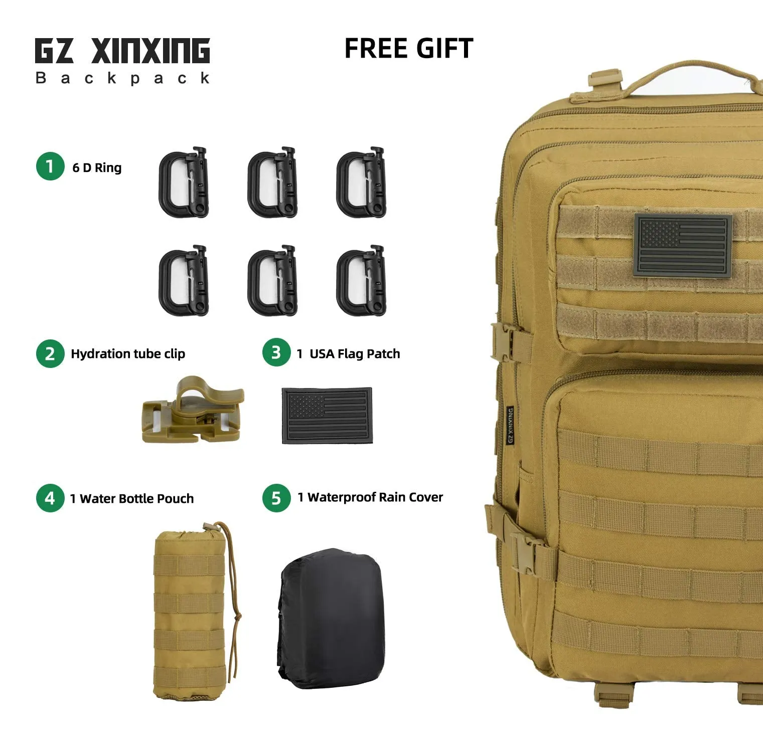GZ XINXING 3 day Assault Pack Military Tactical Army Backpack Bug Out Bag Daypack (Tan)
