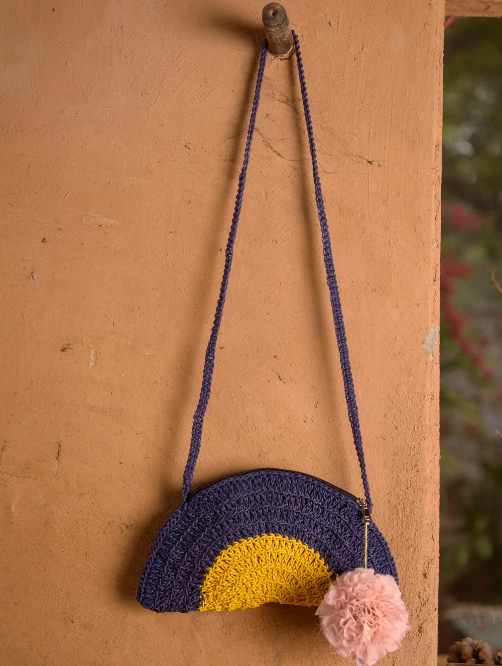 Hand knotted Macrame Semicircular Sling Bag - Blue & Yellow