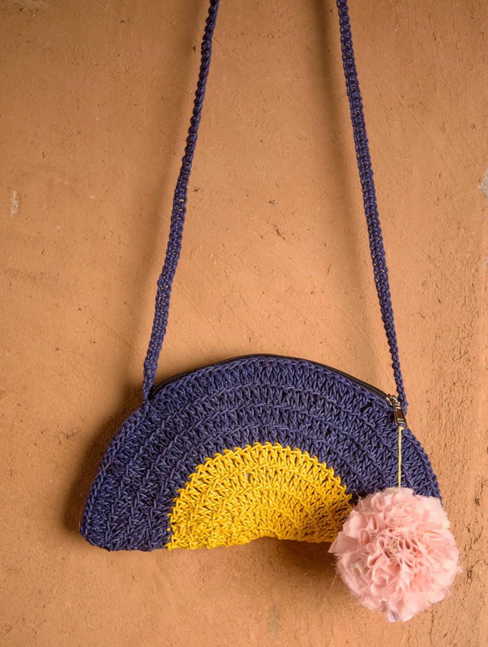 Hand knotted Macrame Semicircular Sling Bag - Blue & Yellow