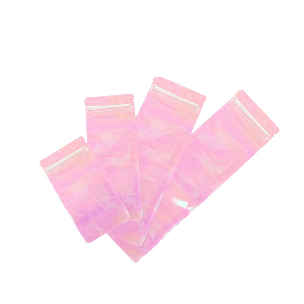 High Quality Glossy Holographic Pink Plastic Zip Lock Bag Reflective Flat Bottom Cosmetic Jewelry Storage Reusable Sealed Pouch