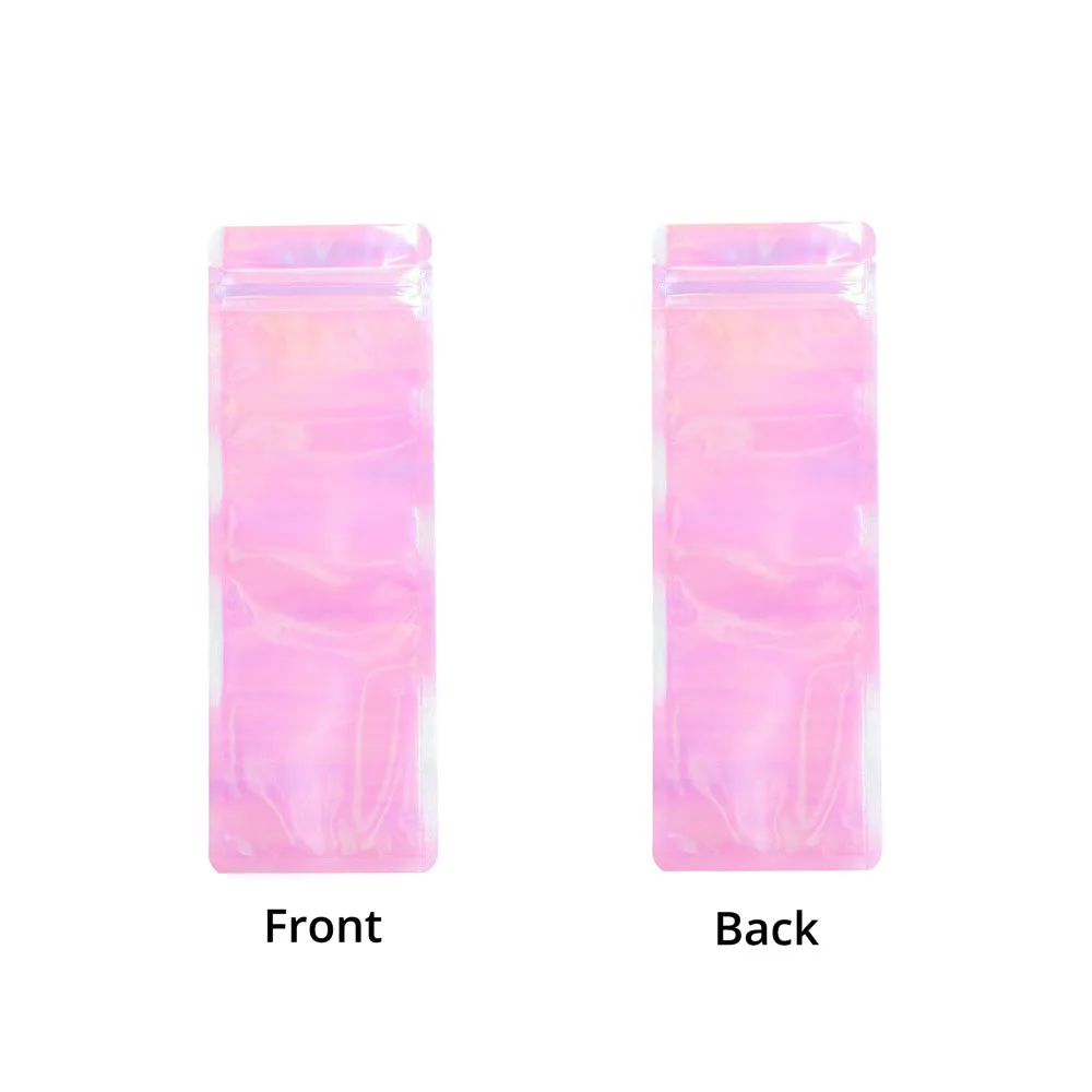 High Quality Glossy Holographic Pink Plastic Zip Lock Bag Reflective Flat Bottom Cosmetic Jewelry Storage Reusable Sealed Pouch