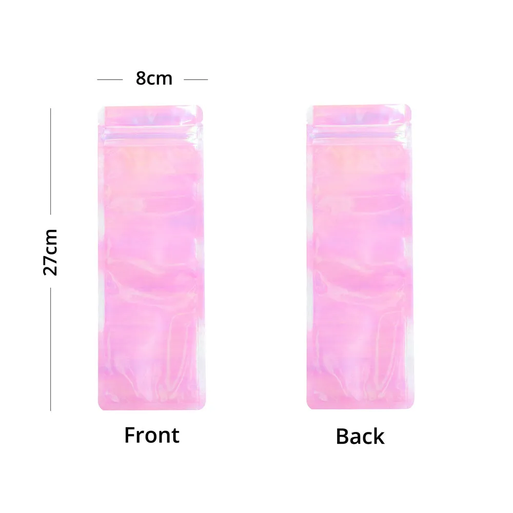 High Quality Glossy Holographic Pink Plastic Zip Lock Bag Reflective Flat Bottom Cosmetic Jewelry Storage Reusable Sealed Pouch