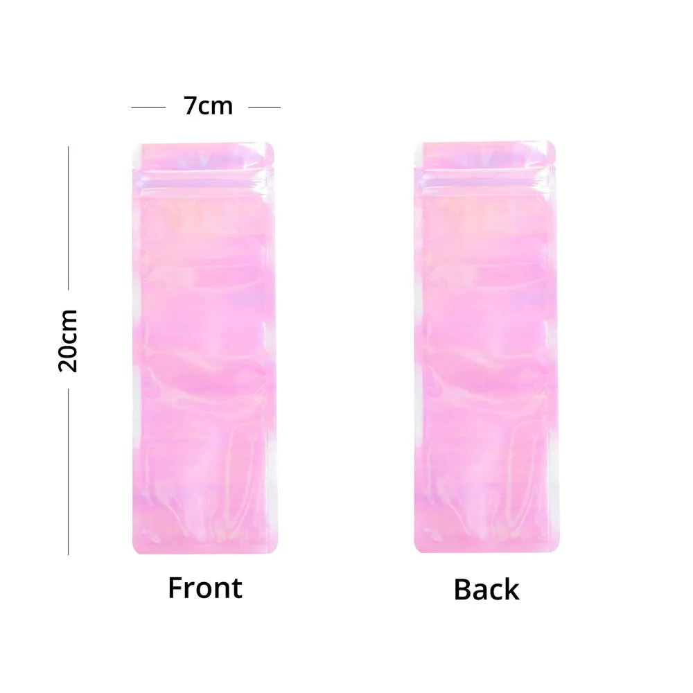 High Quality Glossy Holographic Pink Plastic Zip Lock Bag Reflective Flat Bottom Cosmetic Jewelry Storage Reusable Sealed Pouch