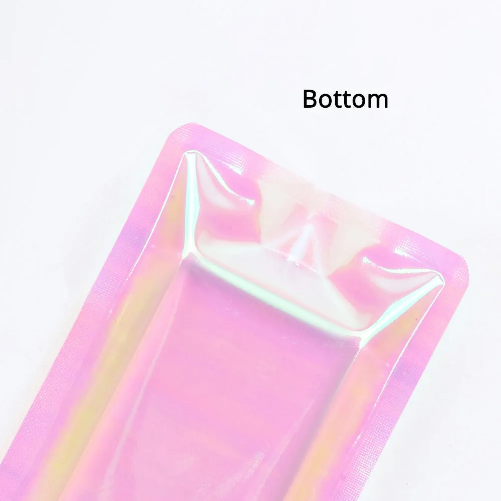 High Quality Glossy Holographic Pink Plastic Zip Lock Bag Reflective Flat Bottom Cosmetic Jewelry Storage Reusable Sealed Pouch