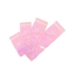 High Quality Glossy Holographic Pink Plastic Zip Lock Bag Reflective Flat Bottom Cosmetic Jewelry Storage Reusable Sealed Pouch