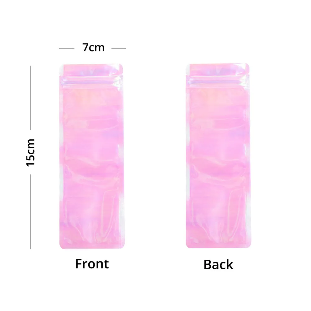High Quality Glossy Holographic Pink Plastic Zip Lock Bag Reflective Flat Bottom Cosmetic Jewelry Storage Reusable Sealed Pouch