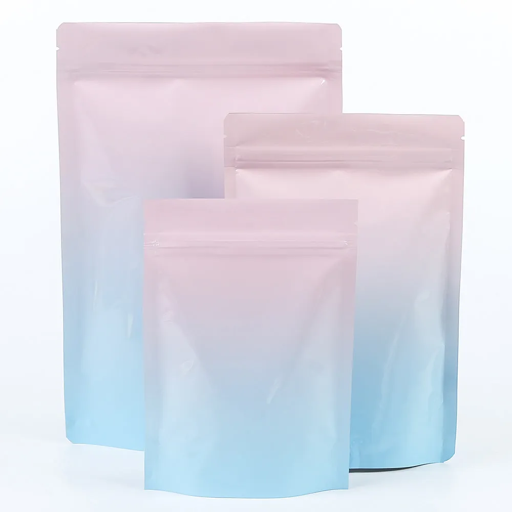 High Quality Glossy Various Sizes Gradual Pink/Blue Stand Up Bag Aluminium Foil Mylar Storage Organizer Zipper Bag With Tear Notch