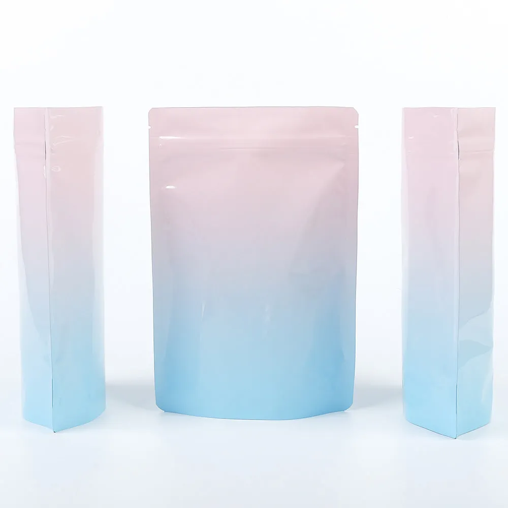 High Quality Glossy Various Sizes Gradual Pink/Blue Stand Up Bag Aluminium Foil Mylar Storage Organizer Zipper Bag With Tear Notch