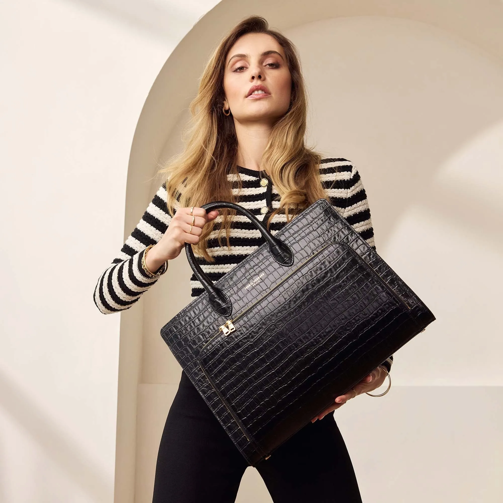 Honoré Nadine croco black calfskin leather handbag with laptop compartment