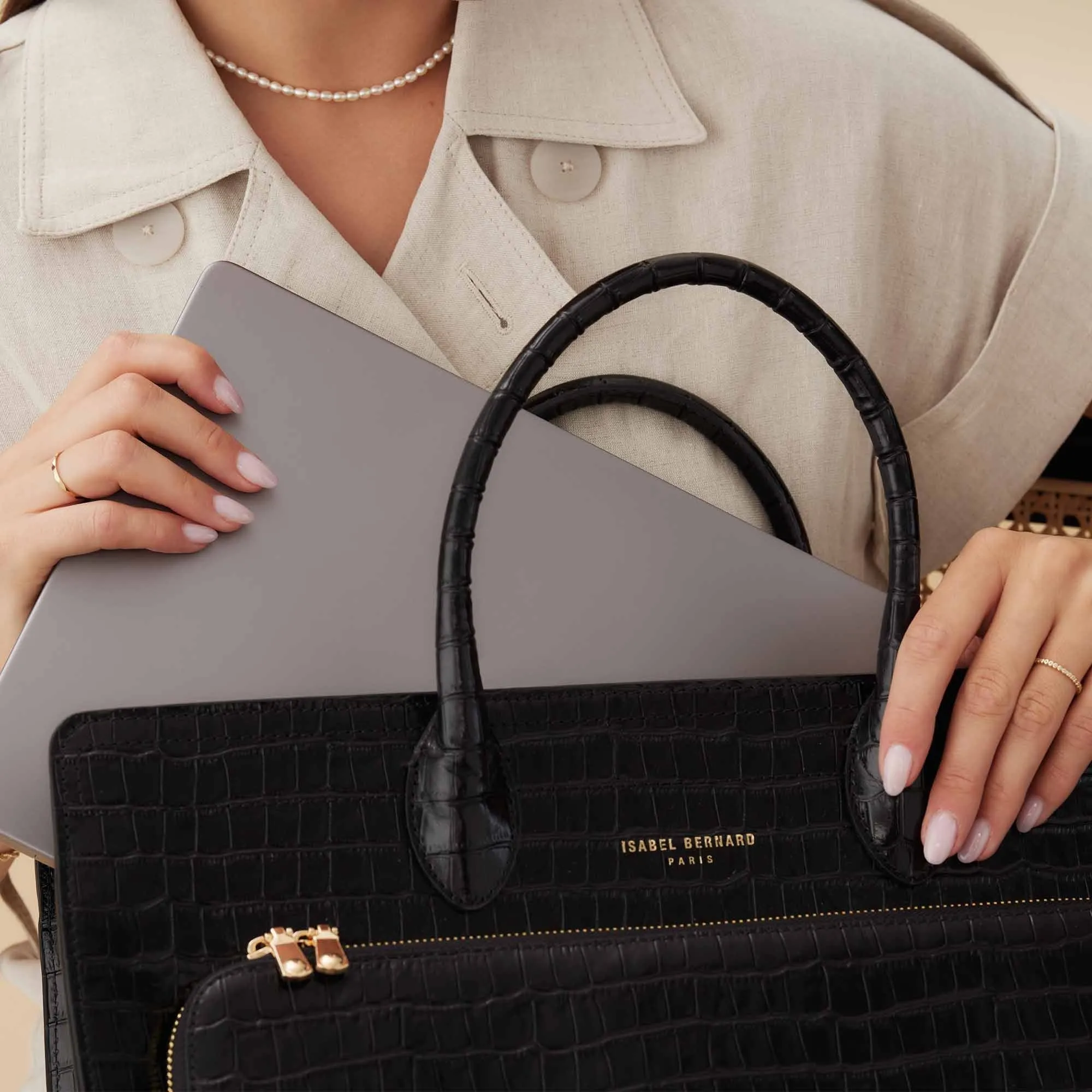Honoré Nadine croco black calfskin leather handbag with laptop compartment